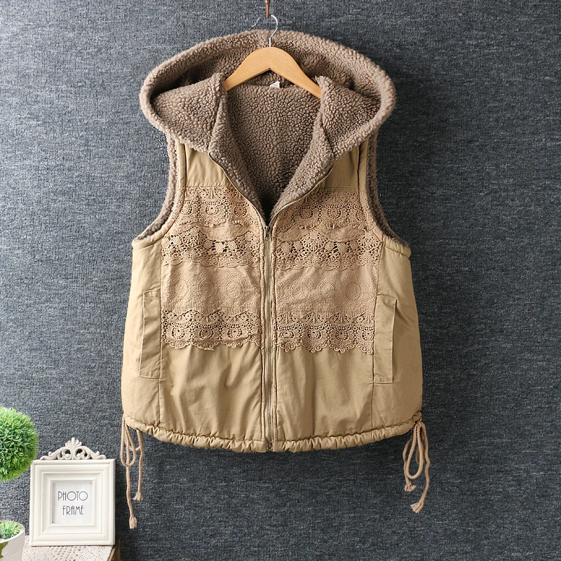 Осенне-зимний хлопковый жилет с капюшоном и кружевной вышивкой для девочек, женский свободный утолщенный бархатный жилет, Женская куртка, пальто