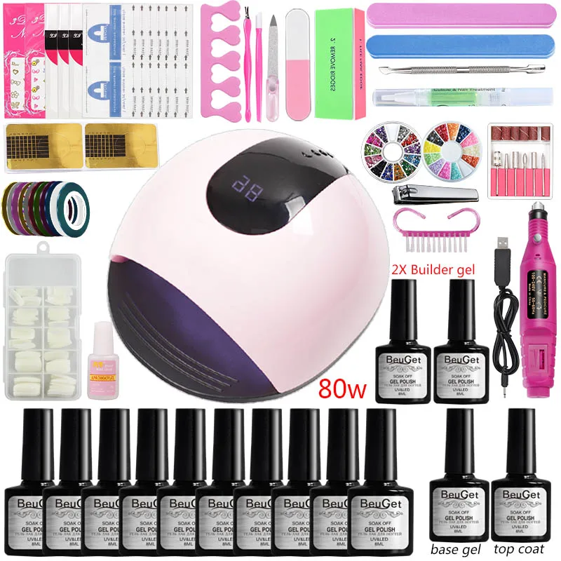 80w lamp gel set Ногти набор для маникюра дезайна ногтей 48 Вт/80 Вт Светодиодная УФ лампа для сушки лака для ногтей гель инструмент для строителя гель набор электрическая машина Набор Профессиональный стартовый маникюрный набор - Цвет: 80w lamp gel set