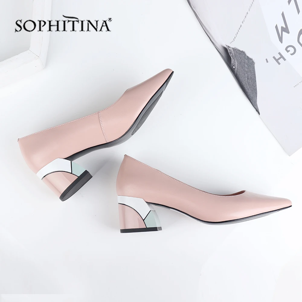 

SOPHITINA Design Square Heel Pumps High Quality Genuine Leather Pointed Toe Pumps Comfortable Handmade Shallow Women Shoes C565