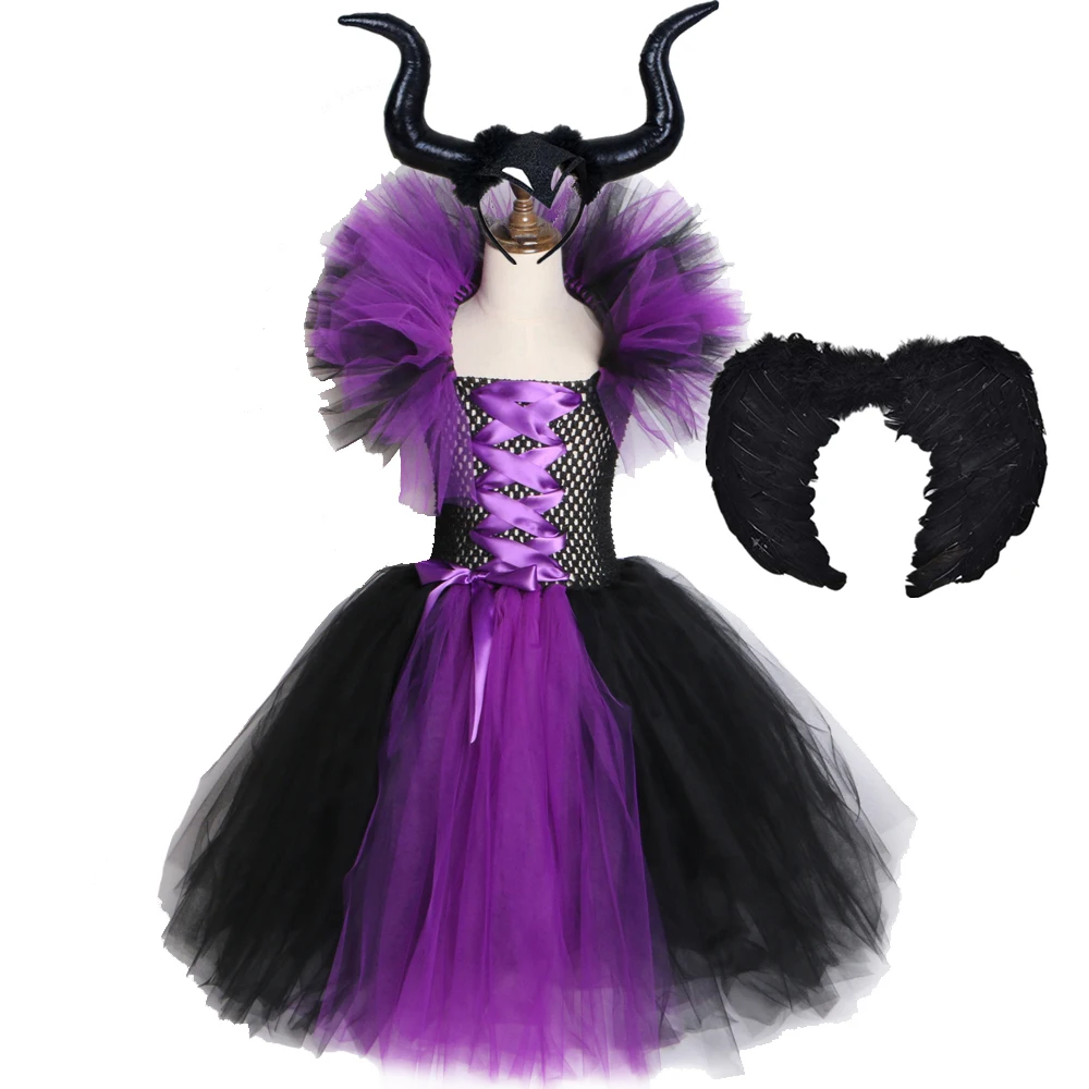 Maleficent/платье-пачка с рогами и крыльями злой королевы; нарядное платье для девочек; карнавальные вечерние платья для детей; костюм ведьмы для косплея на Хэллоуин