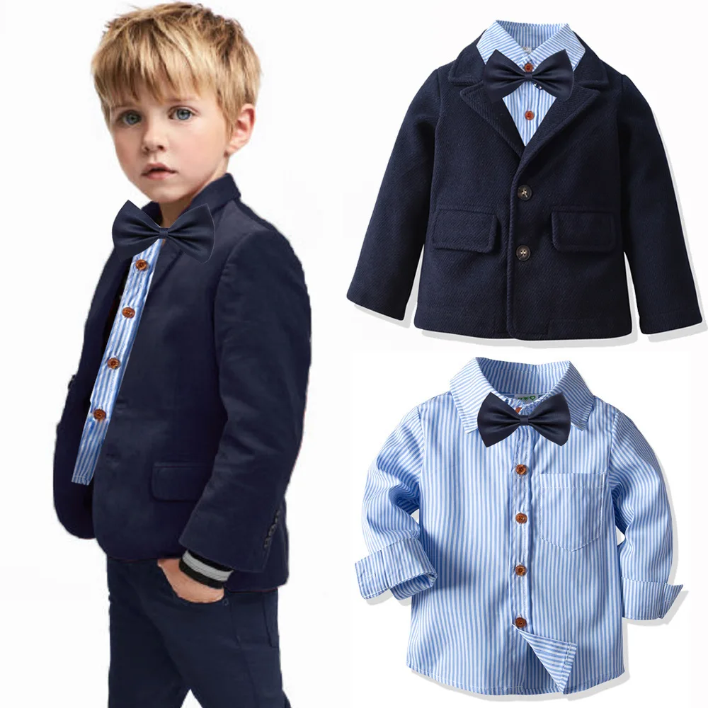 2 pieces WLG new arrival children winter cotton banquet suit jacket kids boy sriiped shirt children boy show clothes