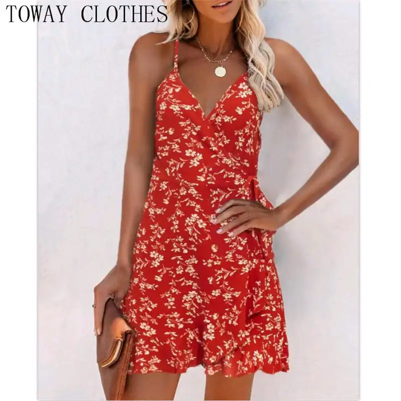 

Women V-Neck Casual Chic Floral Print Spaghetti Strap Ruffels Mini Dress