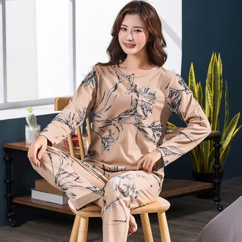

Autumn Cotton Printed Pajamas Set Women Pyjamas Sleepwear Loose Long sleeve Pijama Mujer Home Clothes Long Pants Night suit 2pc