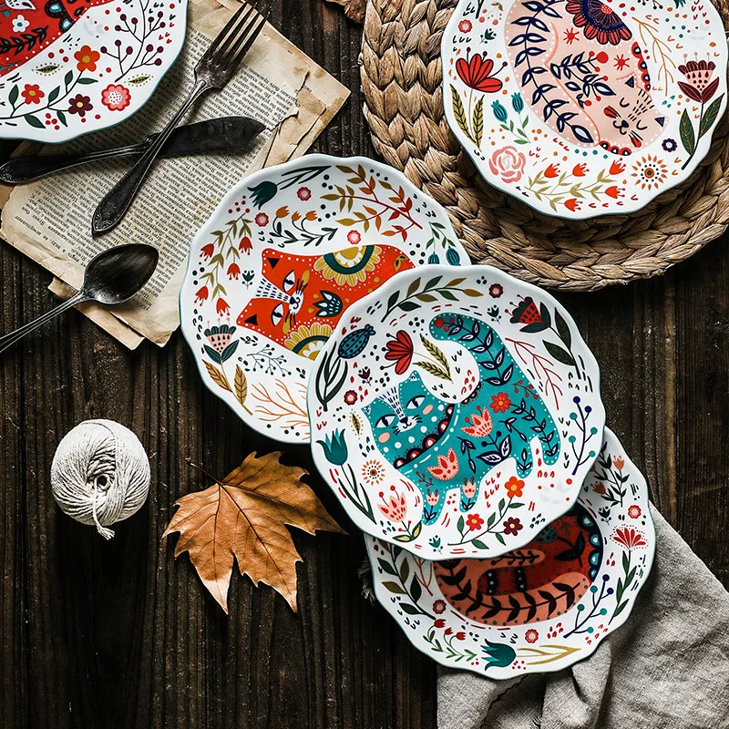 8 Inch Nordic Creative Cartoon Hand Painted Cat Plate Ceramic Tableware Under Glazed Dessert Dish Microwave Snack Steak | Дом и сад