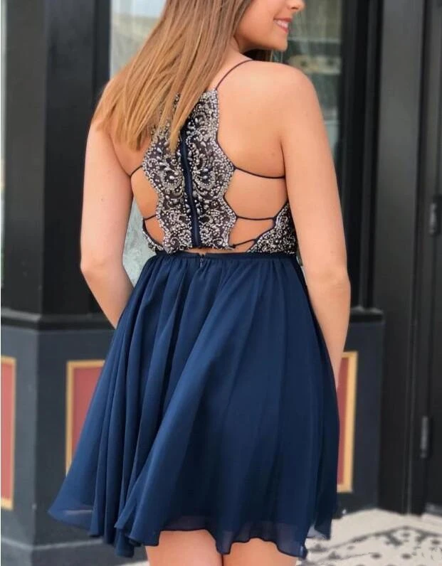 Cintas de Espaguete Vestidos de Baile Contas de Renda de Cristal Acima do Joelho Festa de Formatura Vestido com Zíper 2021 a Line Sexy Azul Marinho Curto 2 Vestidos de formatura