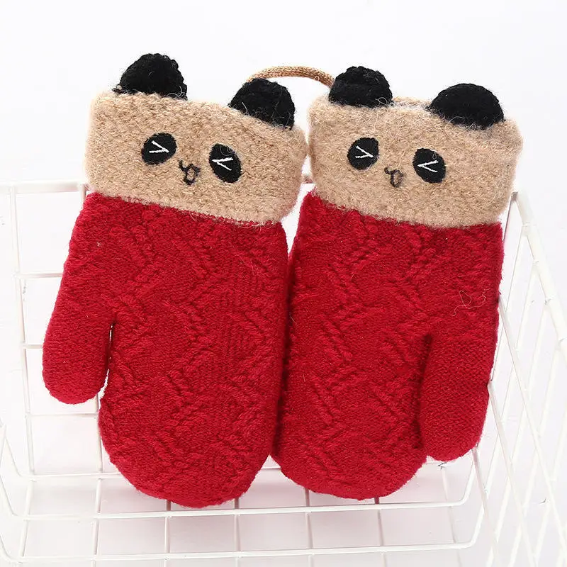Wecute/Новинка года; детские варежки с рисунком панды; милые теплые перчатки; детские перчатки; зимние Бархатные утепленные детские перчатки - Цвет: wine red