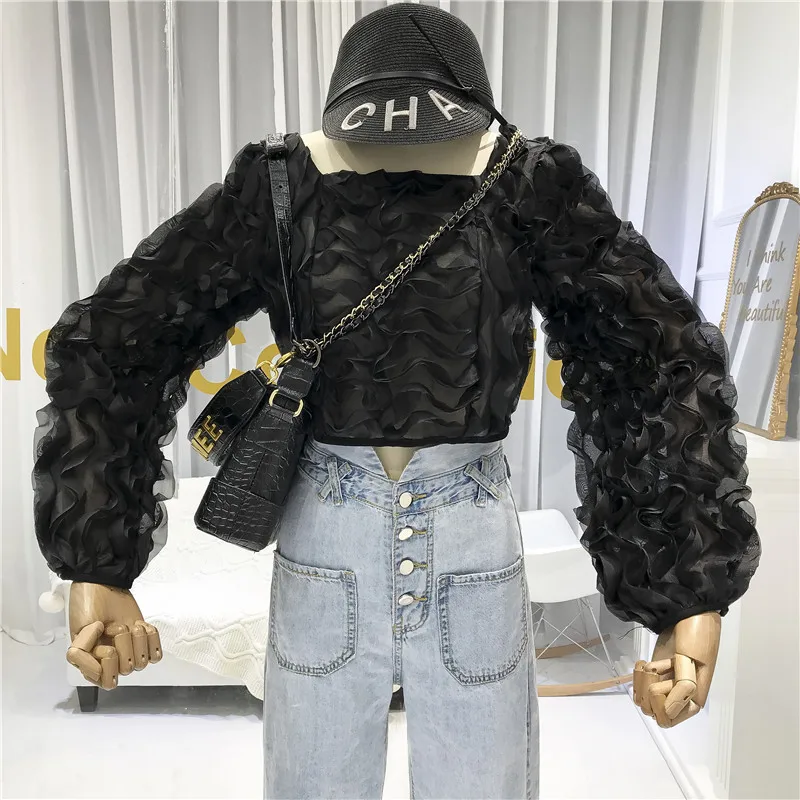 ALPHALMODA Осень 3D развевающиеся женские милые стильные шифоновые блузки рубашки с длинным рукавом пуловеры сплошной модный наряд