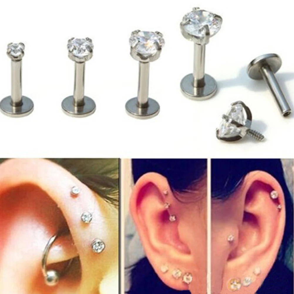 

1Pcs Silver Lip Ring Zircon Anodized Internally Threaded Prong Gem Tragus Cartilage Crystal Helix Ear Piercing Earring Women