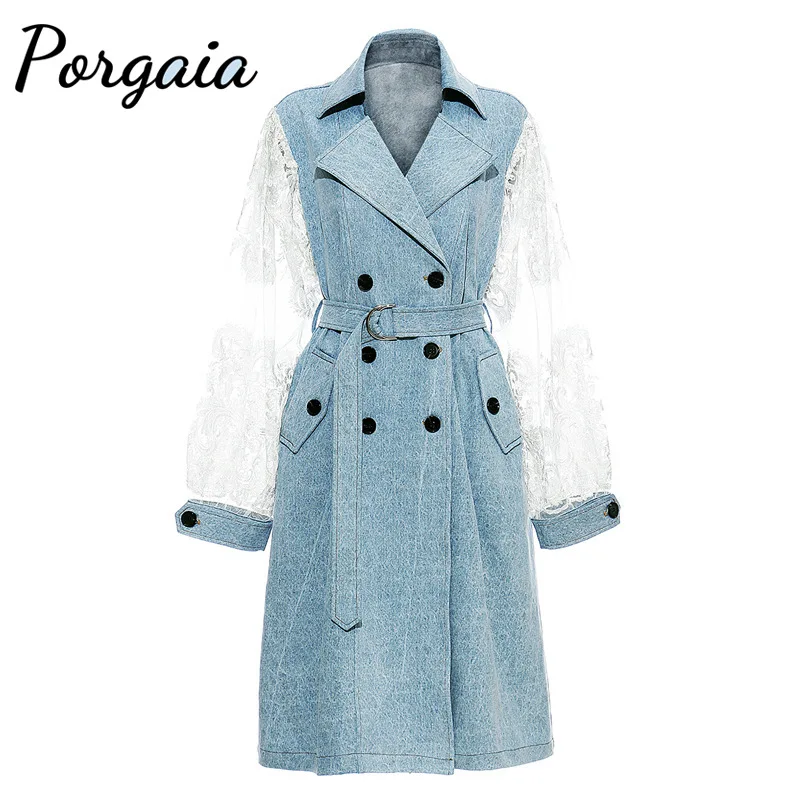 

Porgaia A-Line Solid Belt Lace Middle Long Turleneck Patchwork Lace Sleeve Denim Coat Winter Coat Women