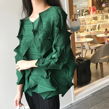 

Pleated Tops Three-quarter-length Sleeve Green Loose-Fit Slimming Pleated Classic Pleat T-shirt Clothes Women's
