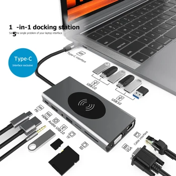 

15 in 1 USB Type C Hub to USB HDMI VGA PD TF 3.5mm RJ45 Wireless Charger for MacBook Laptop Phone
