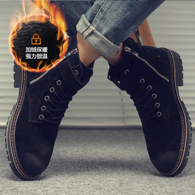 Для мужчин осенне-зимние трендовые сапоги дикие большие размеры кожаные ботинки высокие, чтобы помочь пустыня; Рабочая обувь; Повседневная прогулочная обувь ZM-102 - Цвет: Black plus velvet