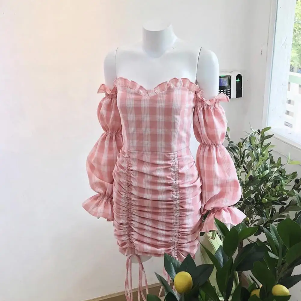 stylish pant suits Plus Size Women Dress Fashion Sexy Off Shoulder Long Puff Sleeve Plaid Drawstring Bodycon Strapless Mini Dresses Set red pant suit