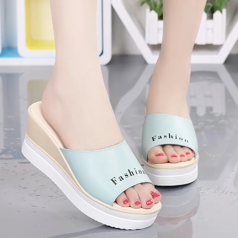 BEYARNESummer/женские шлепанцы из натуральной кожи на платформе; Босоножки на каблуке; обувь на танкетке; женские шлепанцы; женские пляжные шлепанцы; E988