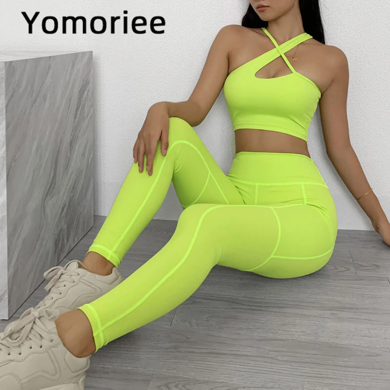 

Oblique Shoulder Irregular Yoga Suit Gym Sport Workout Running Training Two-piece Set Solid Color Seamless Sportswear Yomoriee