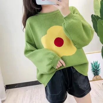 

Female Loose Knitted Pullover Sweater Long Sleeve O-Neck Long Sleeve Plus Size Women Pull Jumper Fashion Printed Ladies Fall Top