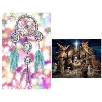 

2 Set Diy 5D Diamond Painting Full Round Diamond Home Decoration - Dreamcatcher & Angel, Newborn Baby