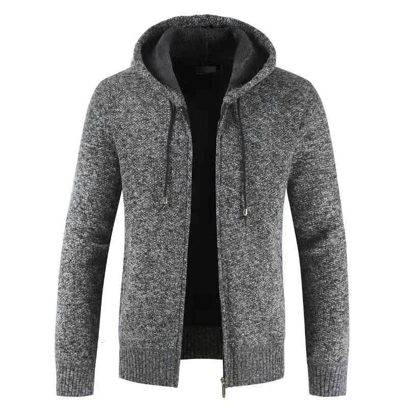 Winter Plus Velvet Sweater Men's Slim Warm Fashion Solid Color Casual Hooded Sweater Man Wild Knitted Sweater Jacket Men