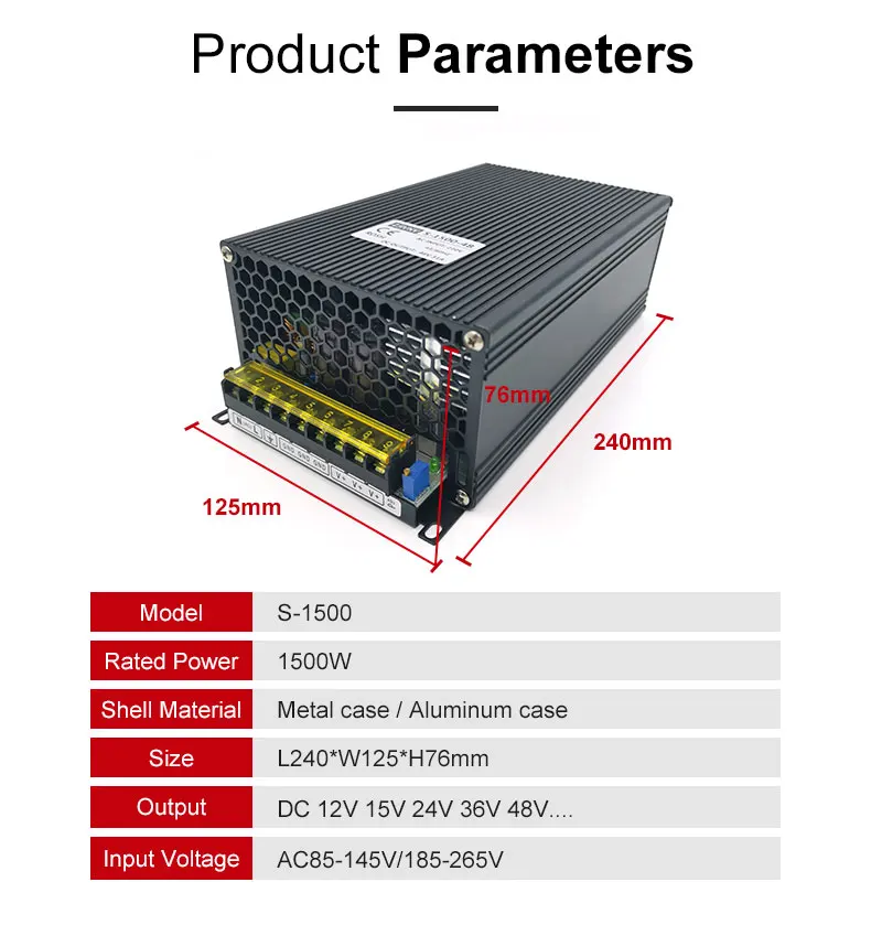 1500W импульсный источник питания светодиодного табло AC-DC импульсный источник питания, выход 12V 15V 24V 36V 48V с алюминиевой крышкой, 50В 60В 72В 80 dc-двигатель, напряжение 90 V источник питания постоянного тока