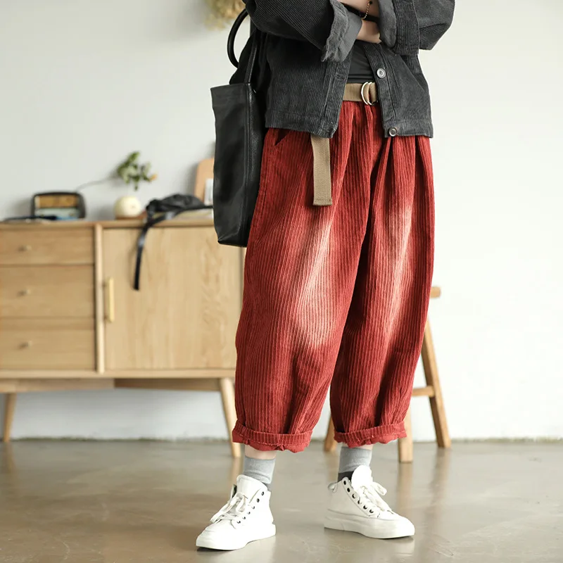 Брюки женские вельветовые большого размера с поясом на резинке|Брюки |