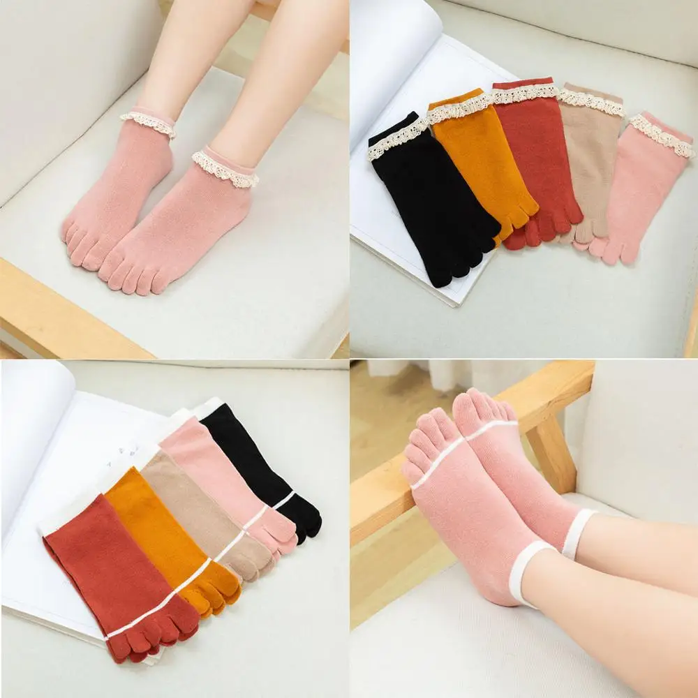 Женские хлопковые носки с отдельными пятью пальцами ног с кружевами с низким вырезом сплошной цвет лодыжки носки для спортзала фитнес спортивные носки короткие чулочно-носочные изделия