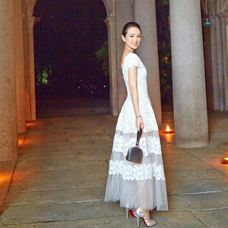 Vestidos de Vestido, Longo, кружевные белые вечерние платья Ziyi Zhang, длинные сексуальные прозрачные белые вечерние платья для выпускного вечера