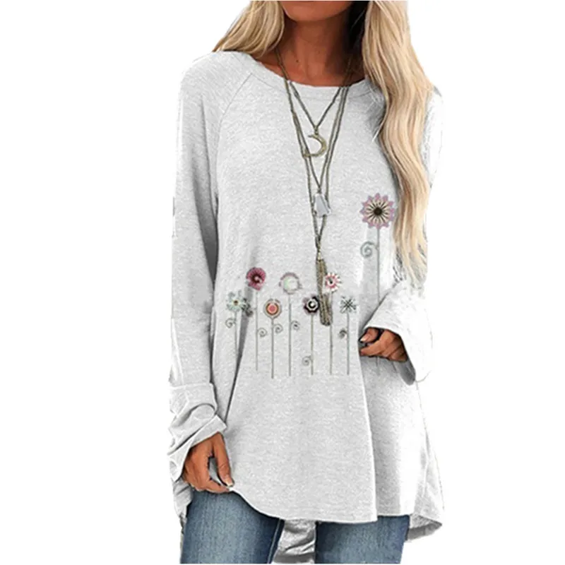 New Autumn Women Tops Floral Dandelion Print Long-sleeved T-shirt Round Neck Loose Casual T-shirt Large Size Pullover Ladies Top best t shirts for men