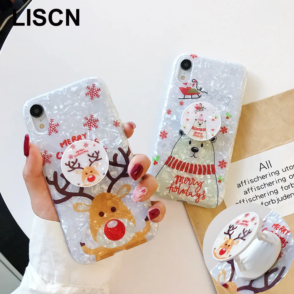 

Cartoon Christmas Shell Pattern Back Cover For iPhone 11 Caqa Deer Soft Case For iPhone 8 7 6 6s plus xsmax xr x xs With Holders