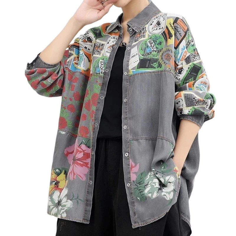 

Autumn Tencel Denim Shirt Stitching Printing Front Short Back Long Loose Trend Casual Women's Coat Fashion Blouse For Female
