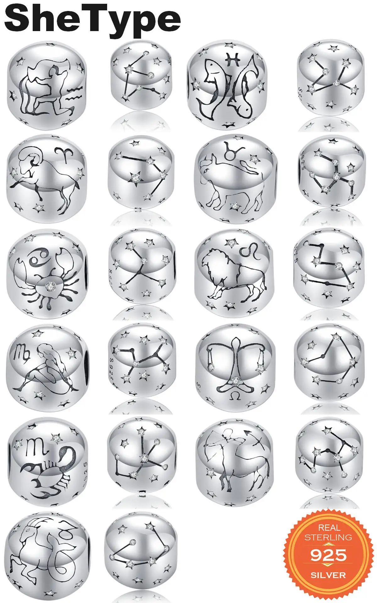 

SheType 12 Constellations Round Beads for Women Jewelry Water Sign Constellation Clear Star Charm 2019 925 Solid Sterling Silver