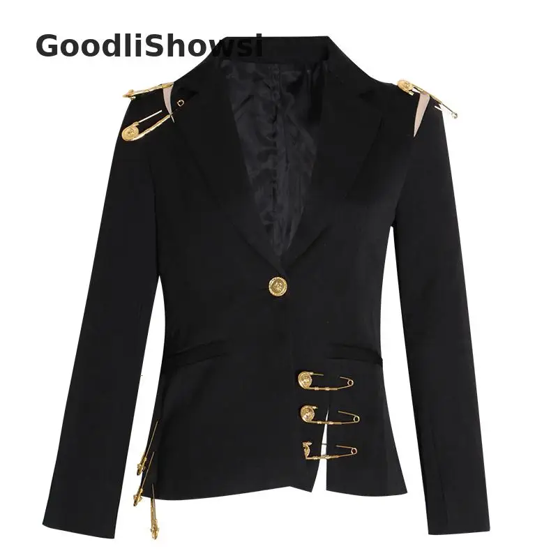 GoodliShowsi High Street Fashion Women's Blazer Tops Lapel Single Button Vents Pin Design Slim Fit Black Suit Jackets