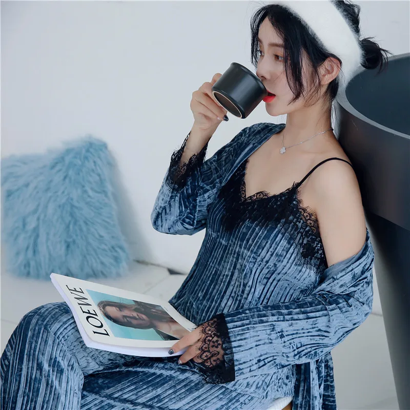

3 pcs pajamas for women gold velvet sexy pajamas set black lace v-neck sling long sleeves robe strap nightwear winter sleepwear