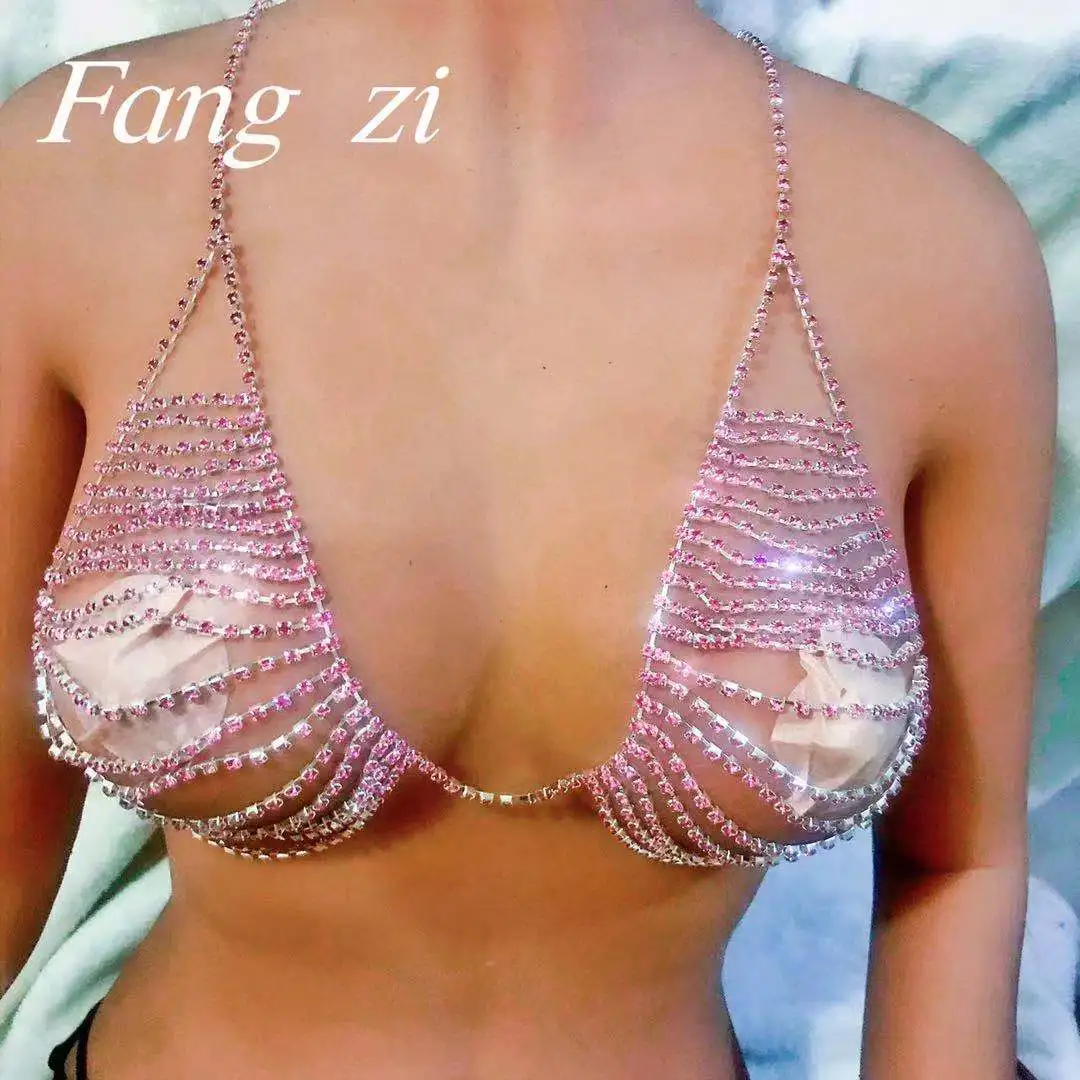 

Sexy shiny blue pink crystal tassel body chain bikini suspender vest chest chain fashion jewelry women's luxury Rhinestone bra