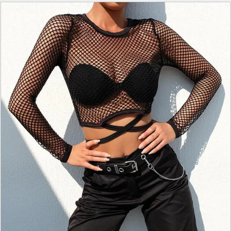 

fishnet shirt Perspective Sheer Mesh Fishnet Tee Bodycon Long Sleeve Tops Beach T-shirt New Design Party Club Tops