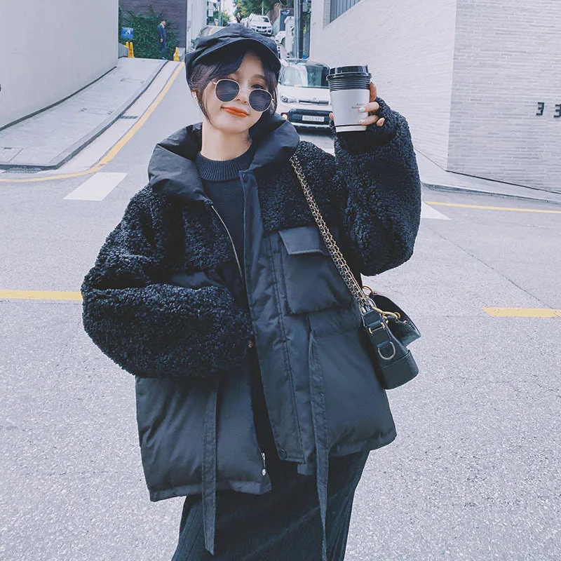 

Photo Shoot New Style Korean-style Loose-Fit Waist Hugging Slimming Short Short-height Lambs Wool Joint Cotton Overcoat Women's