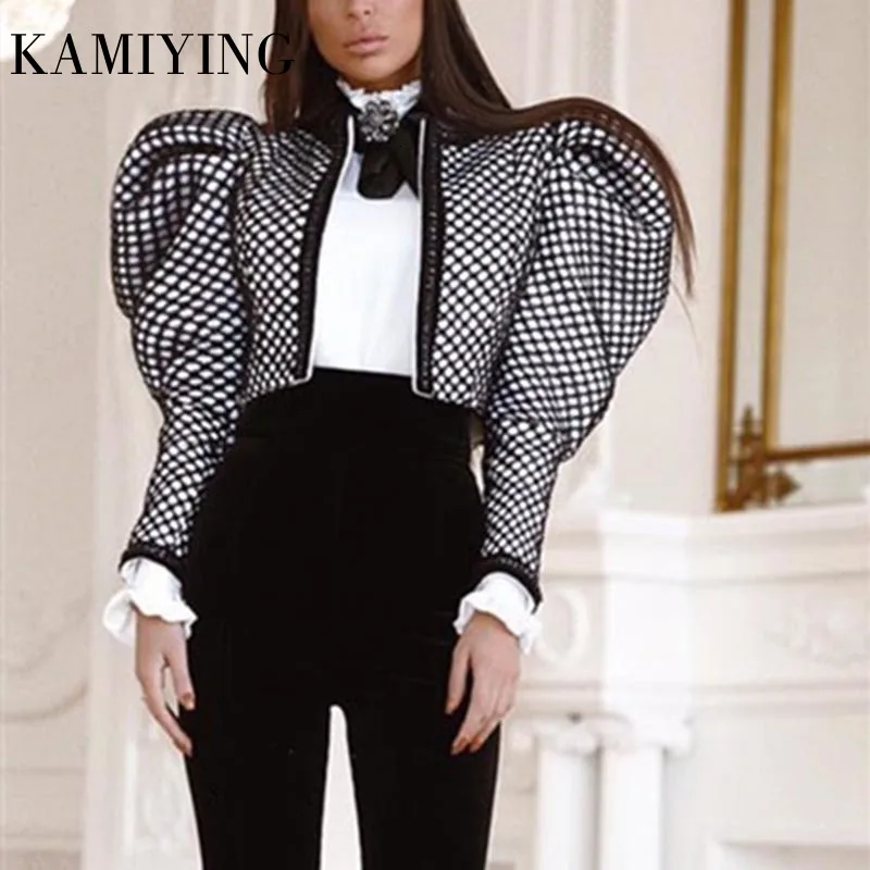 

KAMIYING Ruched Plaid Jackets For Women O Neck Puff Sleeve Ruched Short Female Coats 2020 Fashion New Arrival