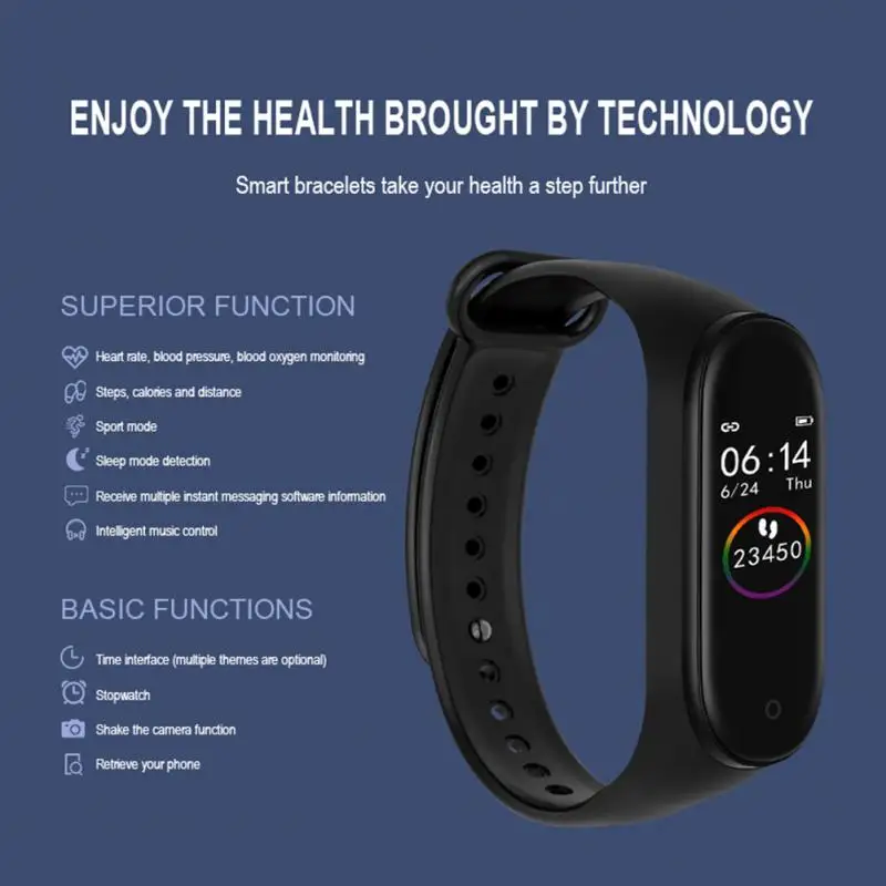 Black Smart Wristband Bracelet Sports Health Heart Rate Blood Pressure Monitoring Fitness Tracker Watch Leisure Watch Reloj