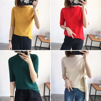 

Korean Half turtleneck Solid sweater women Half sleeve loose Pullover thin knitted sweaters 2019 autumn new arrival basic tops