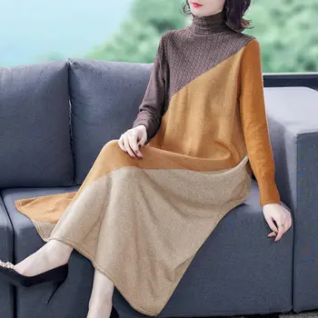 

2020 Autumn Retro High Collar Contrast Color Stitching Loose Fashion Large Size Casual Slimming Long Sleeve Dress Women y 585