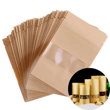 

50pcs/lot Stand up zip lock kraft Gift paper bag with matte translucent window inside with PE kraft paper pouch new