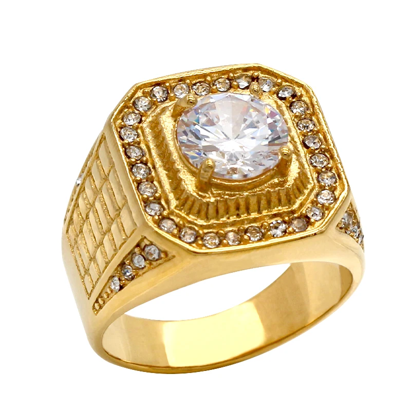 KLDY Male ring gold Engagement Wedding Band rings For men stainless steel quality Finger Jewelry Clear 5A zircon cz white stone