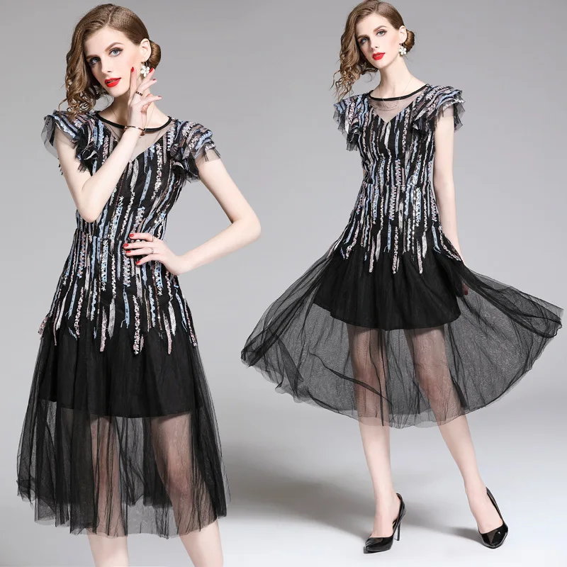 

Photo Shoot-2019 New Style WOMEN'S Dress-Style Elegant Crew Neck Flounced Industrial Sequin Waist Hugging Big Hemline Dress