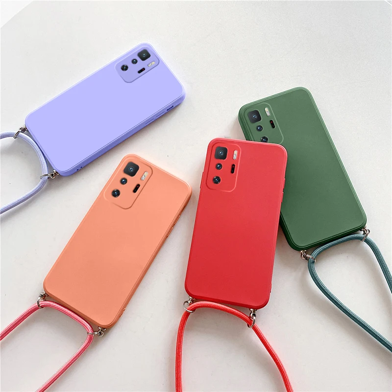 For Xiaomi Redmi Note 11 11S Case Square Liquid Silicone Lanyard Case Mi 11 Lite 5G Poco X3 Redmi Note 10 9 K50 Neck Rope Cover pouch mobile