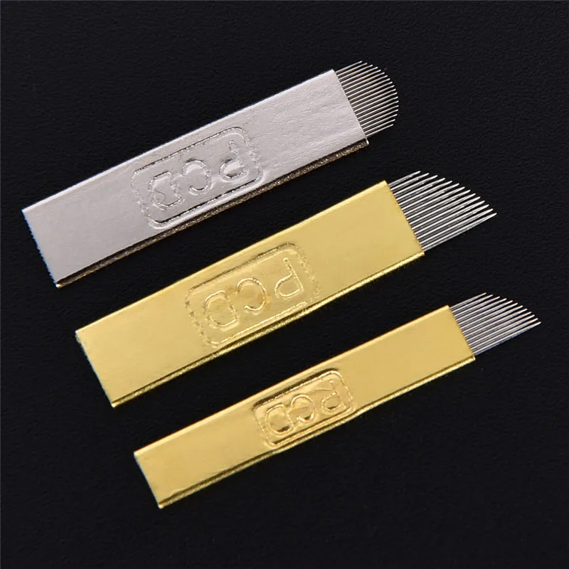 50 шт. PCD 12 14 18 штифтов микроблейдинг ИГЛЫ Перманентный макияж лезвия ручная Татуировка бровей изогнутые лезвия иглы для татуировки ручка