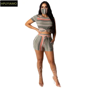 

HPUYIAMO Women Striped Print Short Sleeve Tee Tops Shorts Jogger Pants Suit Three Piece Set Sport Tracksuit Outfits