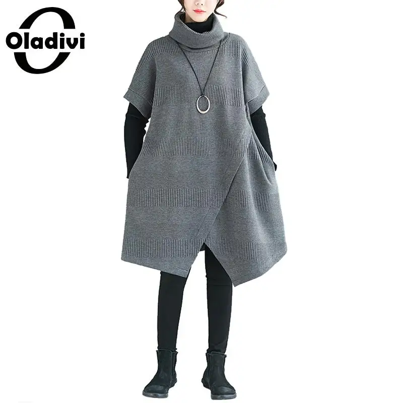 Oladivi размера плюс, женское платье с коротким рукавом и высоким воротником, повседневные свободные нестандартные платья, женские туники, Женский пуловер, Vestidos 6XL
