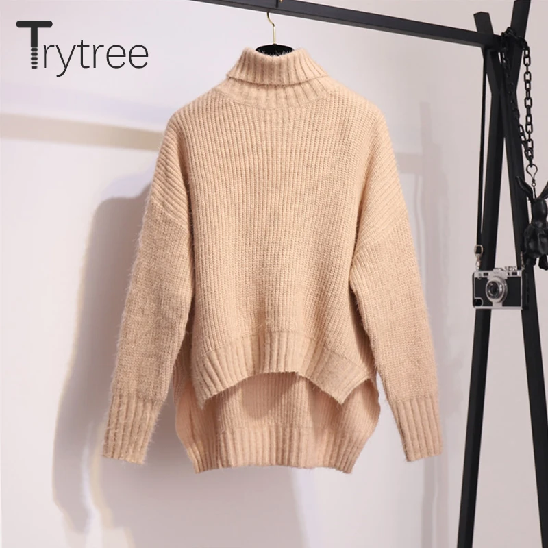 Trytree, осенне-зимний комплект из двух предметов, Повседневная водолазка, вязаный Однотонный свитер, топ+ юбка, пояс, пуговица, Модный комплект из 2 предметов