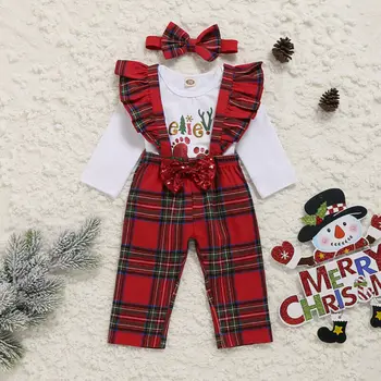 

0-18M 3Pcs Infant Baby Girl Christmas Ruffles Outfit Set Long Sleeve Print Santa Romper Tops Bib Pants Girl Overalls Clothes