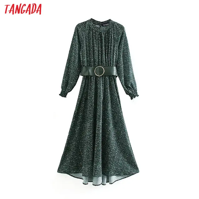 US $16.21 Tangada fashion women green dots print dress with belt Stand Collar Long Sleeve Ladies Loose midi D