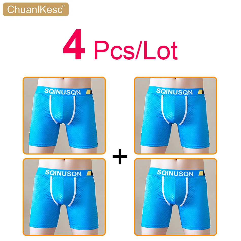 4 Pcs/Lot Men's Long Boxers New Mesh Underwear Cool And Breathable Large Size Anti Abrasion Leg Sports Shorts Newly Launched 2